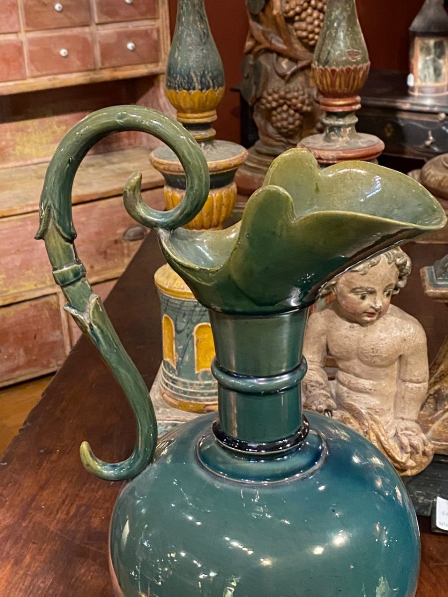 Two Ewers In Green Ceramics Early 20th-photo-2
