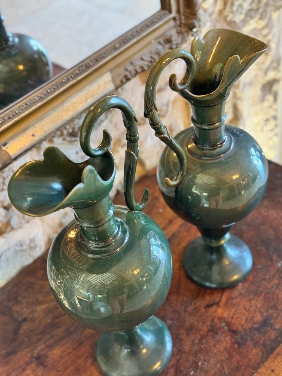 Two Ewers In Green Ceramics Early 20th-photo-6