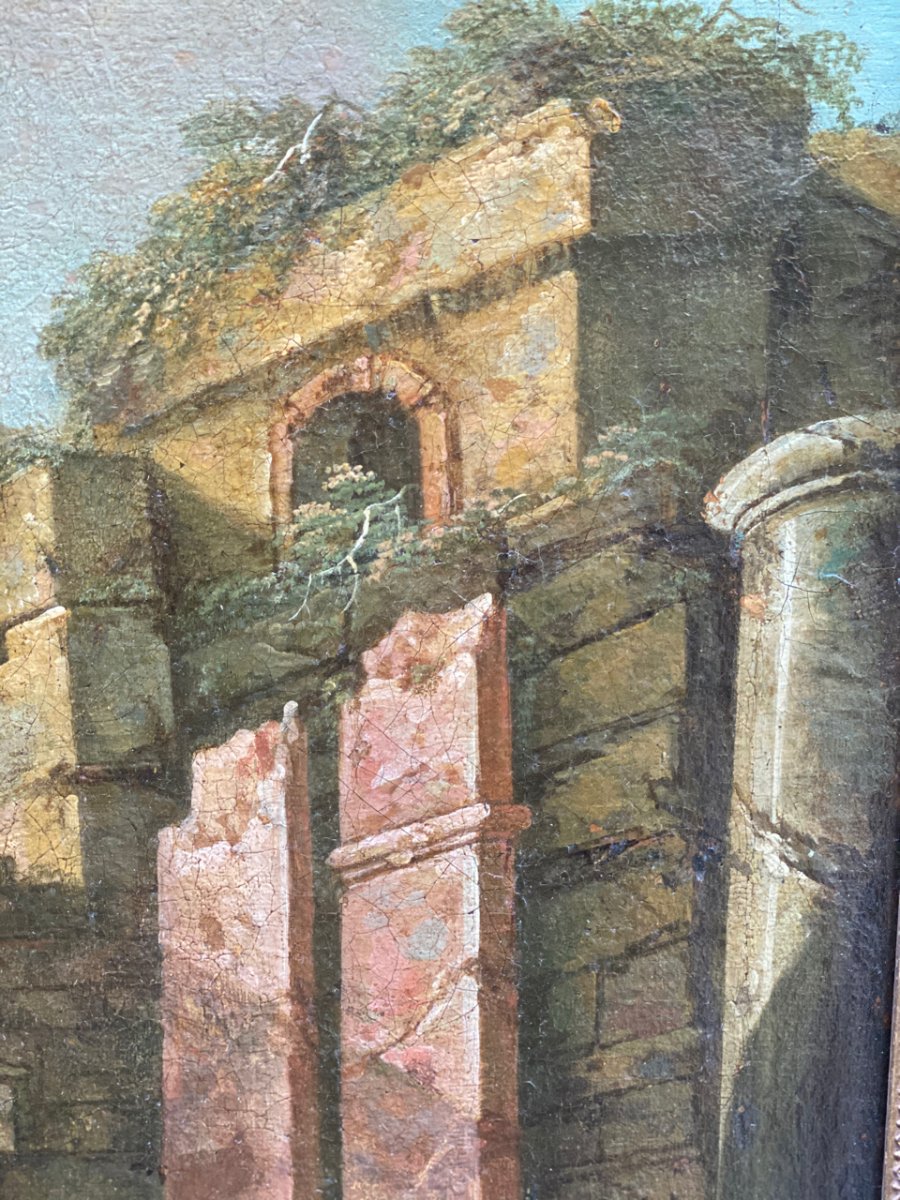 Caprice Architectural Italien, XVIIIe Siècle, Huile sur Toile avec Décor de Temple en Ruines-photo-4