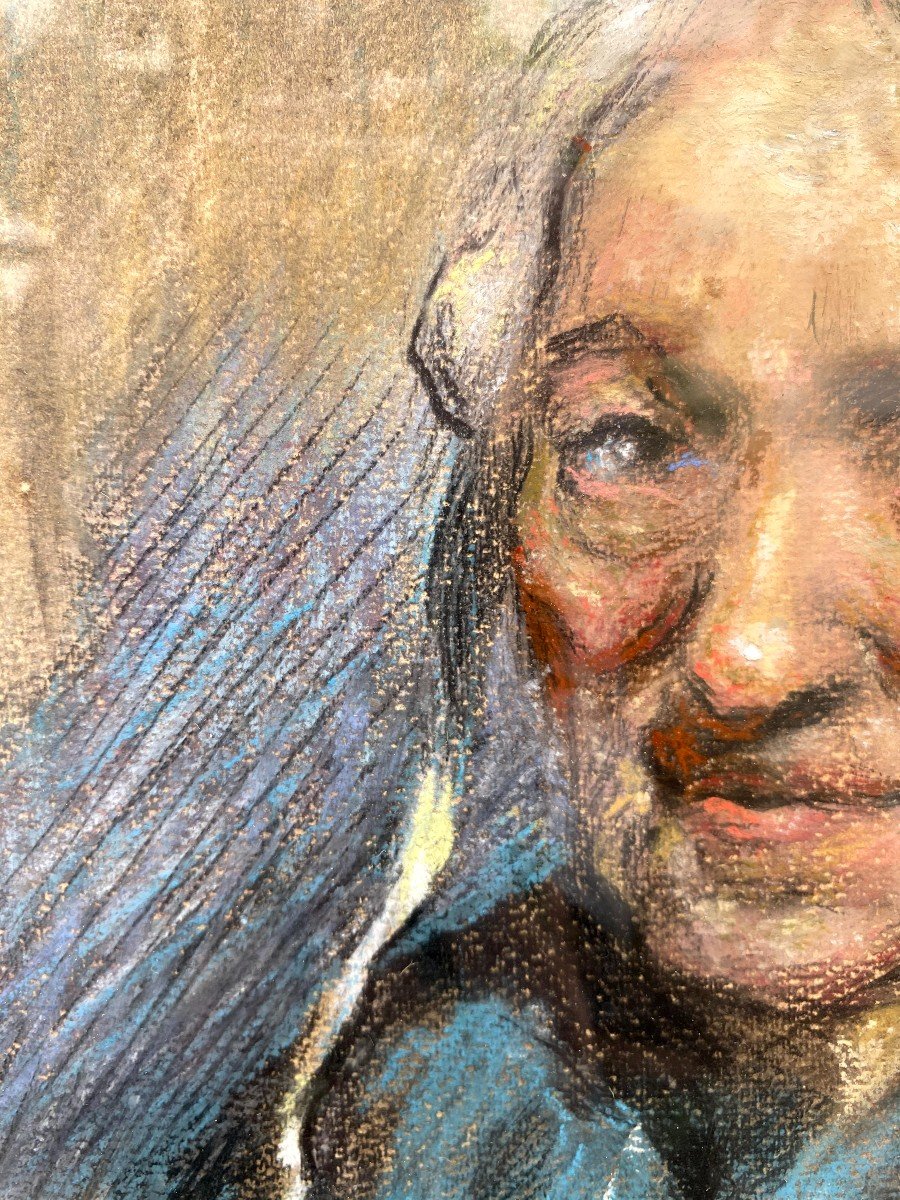 Portrait d’une Comtadine par Georges Breuil, Dessin au Fusain Réhaussé de Pastel-photo-2