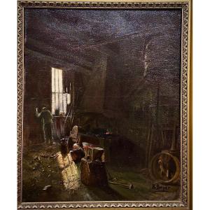 Peinture à L’huile Sur Toile – Intérieur De Forge, Signée H. Boyer, Fin XIXe - Début XXe Siècle