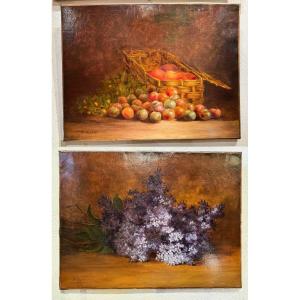 Pair Of Still Lifes With Fruits And Lilacs, Signed A. Vertié – Late 19th / Early 20th Century