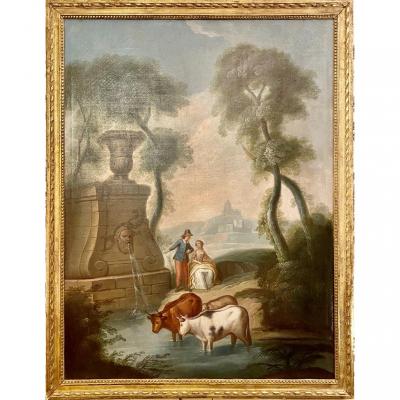 Large Decorative Painted Canvas 18th Animated Pastoral Scene Of Character And Animals