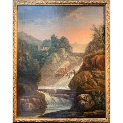 Oil On Canvas, Landscape At The Waterfall, By Jean Antoine Constantin Dit Constantin D’aix
