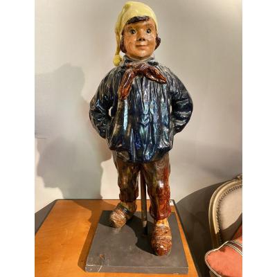 Sculpture Of Little Sailor With His Blue Waxed Clogs And Yellow Cap In Glazed Terracotta From Normandy, Earthenware, 20th