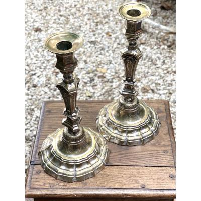 Pair Of Silvered Bronze Regency Candlesticks, Triangular Design