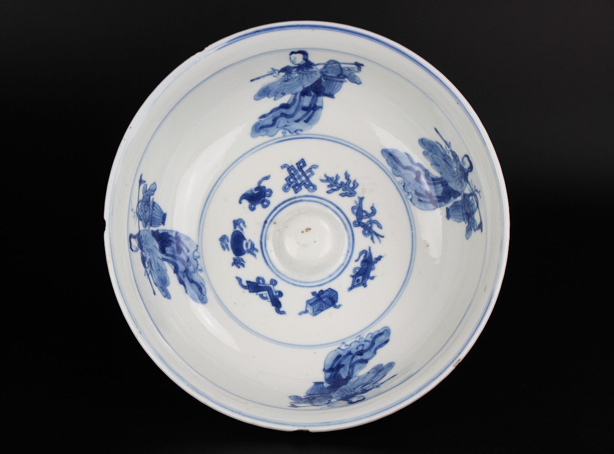 Blue And White Kangxi Bowl 18th Century Qing Dynasty Taoist Decorations Lan Caihe Ca. 1700-1720-photo-3