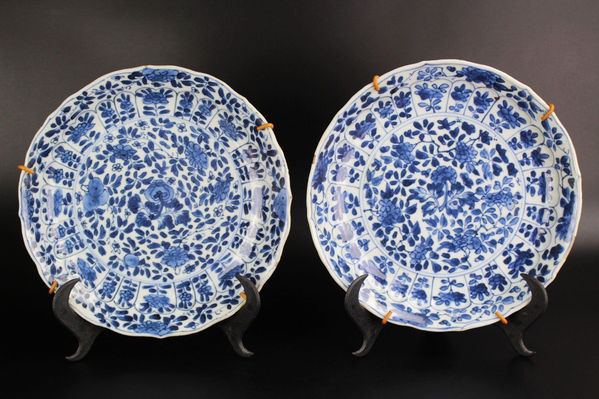 Kangxi Dishes Two Chinese Blue And White Porcelain Lingzhi Mark 18th Century Qing Dynasty Plate