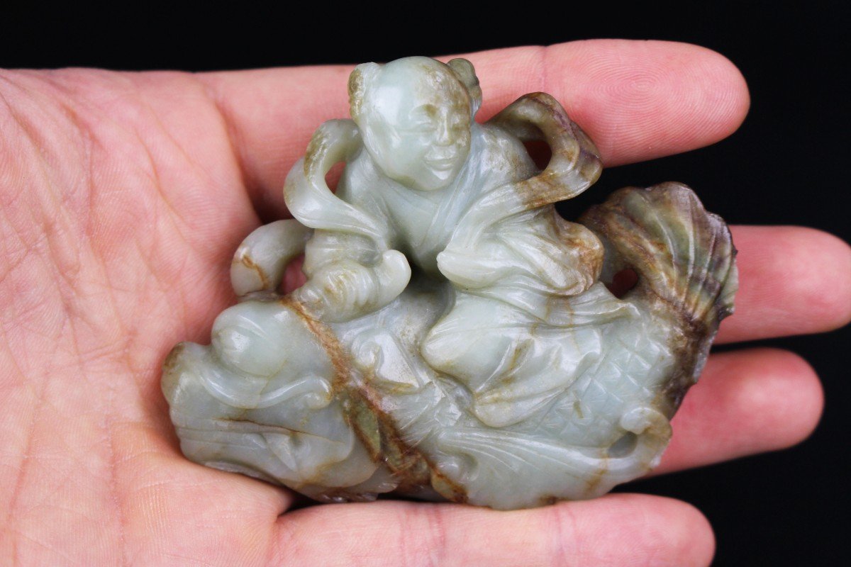 Figure De Jade Chinois 17e Siècle / 18e Siècle Dynastie Ming / Dynastie Qing Céladon Sculpture-photo-4