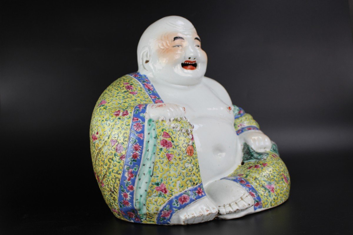 Porcelaine Chinoise Période République Famille Rose Grande Figurine Budai Sculpture Ancienne-photo-2