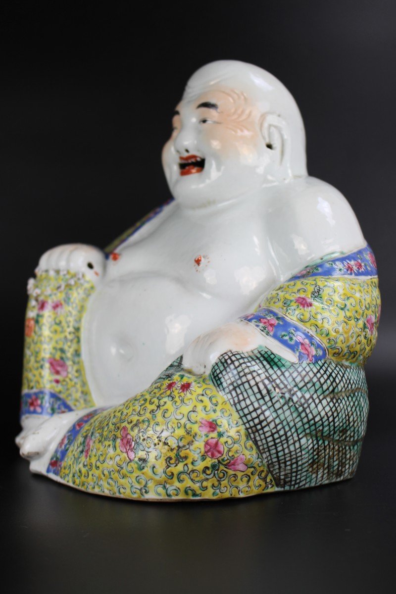 Porcelaine Chinoise Période République Famille Rose Grande Figurine Budai Sculpture Ancienne-photo-6