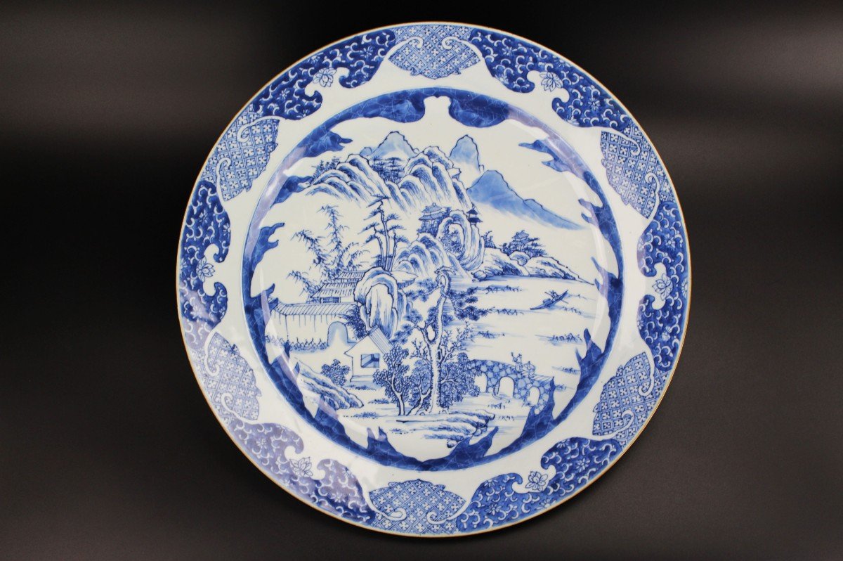 Chinese Porcelain Kangxi Large Plate 37.8 Cm Blue & White Qing Dynasty Master Of The Rocks Dish