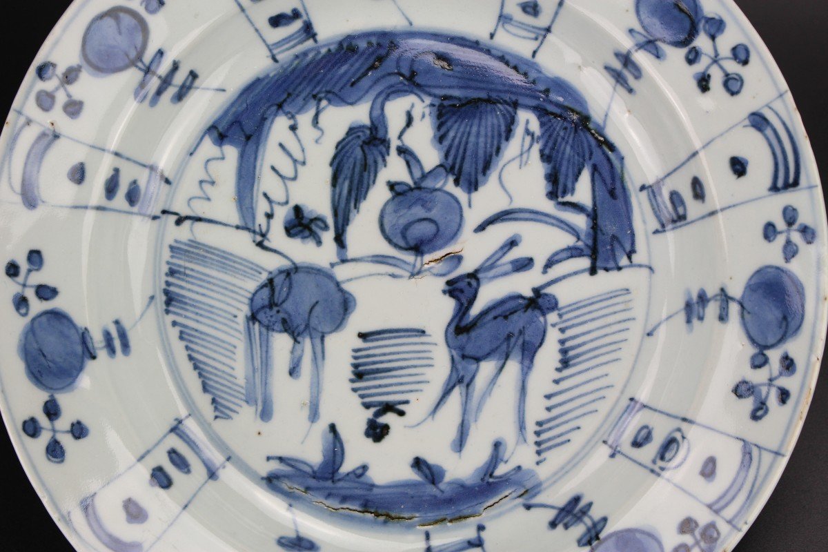 Assiettes En Porcelaine Chinoise Wanli Kraak Bleu Et Blanc Dynastie Ming Antique 17ème Siècle-photo-3
