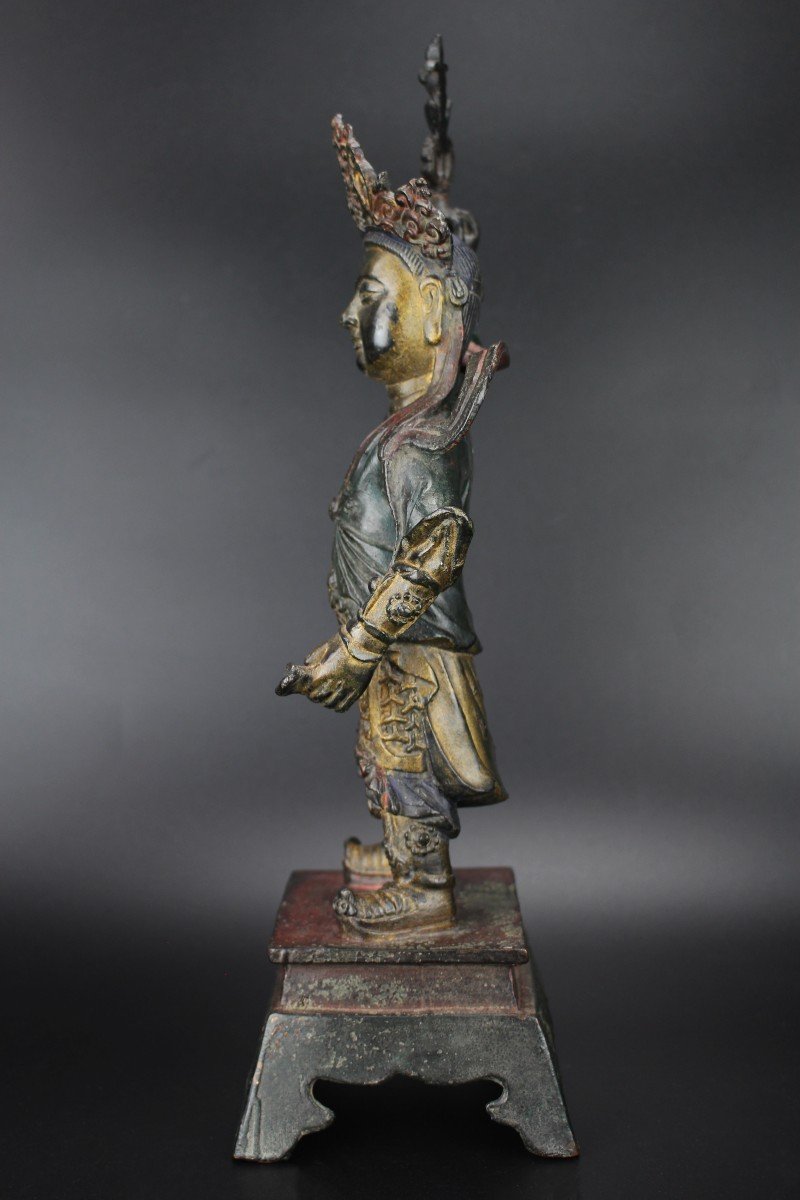 Figure Chinoise En Bronze De La Dynastie Ming Grande Parcelle Antique Dorée Sculpture Peinte-photo-3
