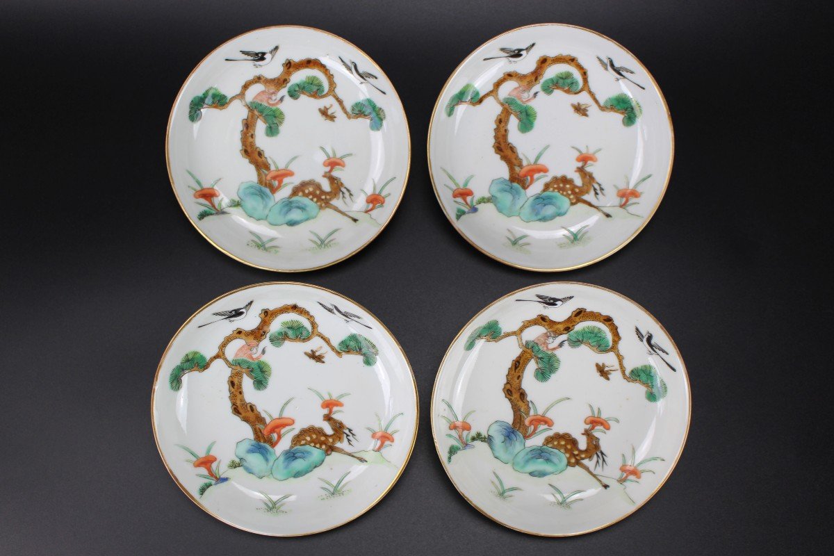 Chinese Porcelain Tongzhi Mark And Period Saucers 4x Famille Verte Qing Dynasty Antique 19th C.