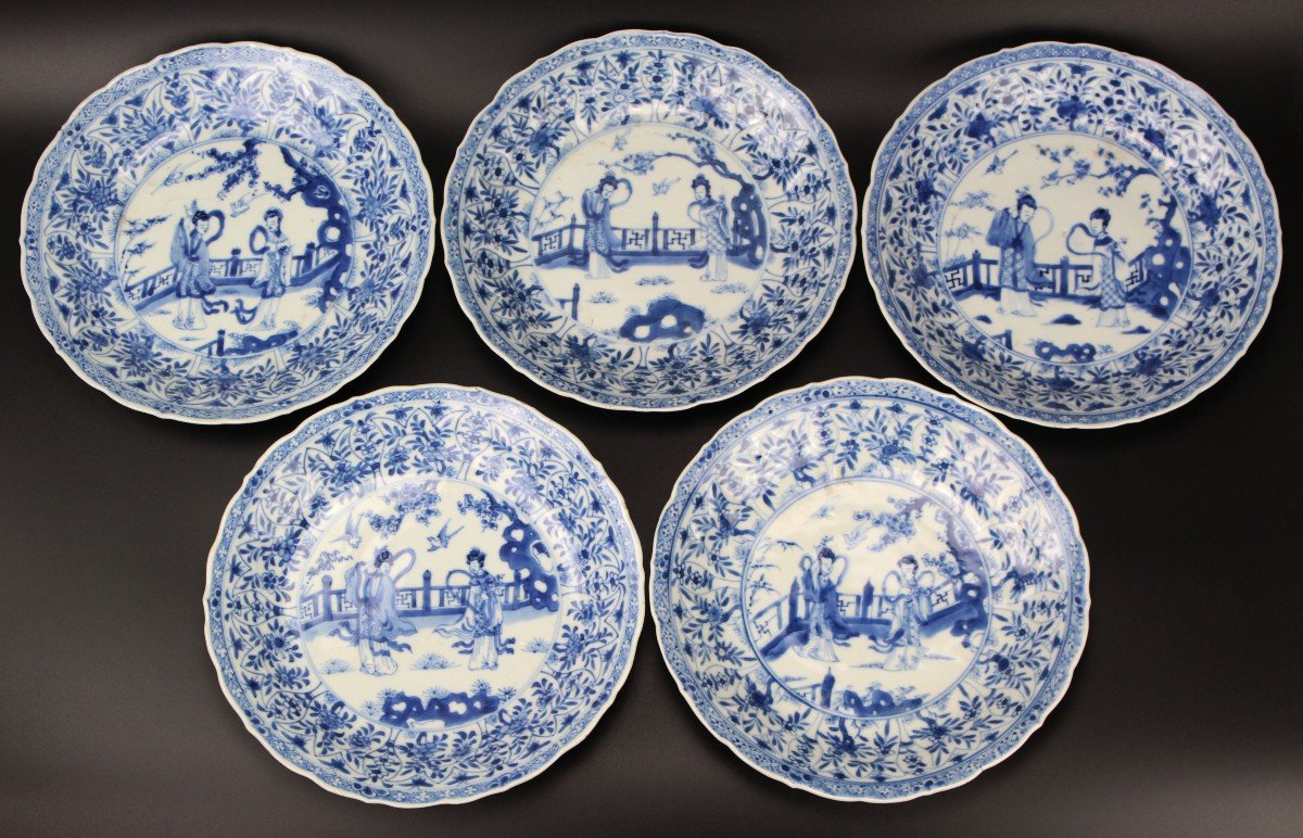 Five Chinese Porcelain Kangxi Plates Blue And White Qing Dynasty Antique 18th Century Dishes