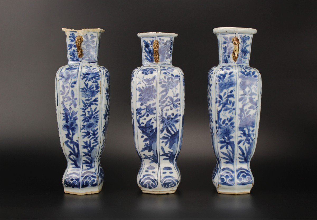 Chinese Porcelain Kangxi Vases 3x Blue And White Qing Dynasty Antique 18th Century 'longevity' -photo-2