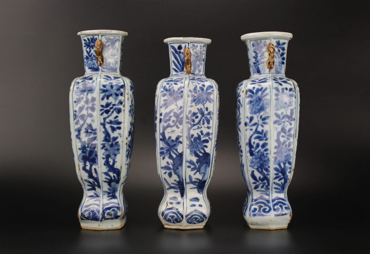 Chinese Porcelain Kangxi Vases 3x Blue And White Qing Dynasty Antique 18th Century 'longevity' -photo-3