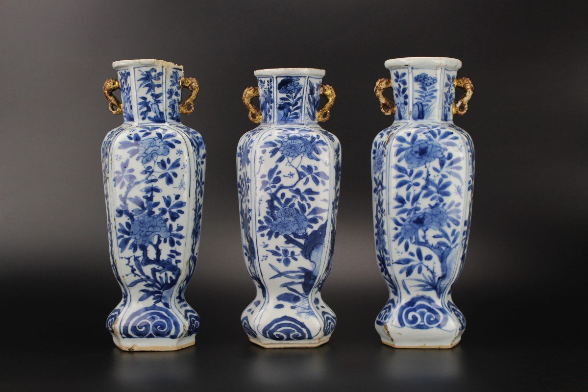 Chinese Porcelain Kangxi Vases 3x Blue And White Qing Dynasty Antique 18th Century 'longevity' -photo-4