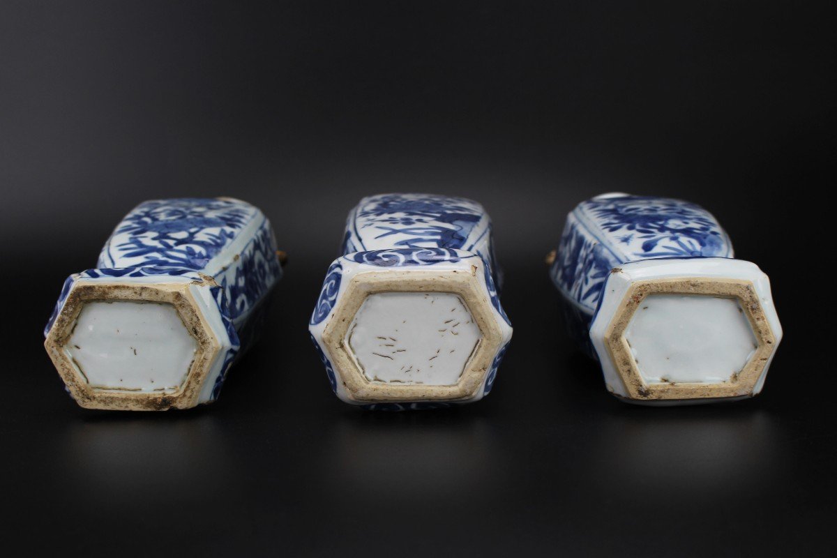 Chinese Porcelain Kangxi Vases 3x Blue And White Qing Dynasty Antique 18th Century 'longevity' -photo-2