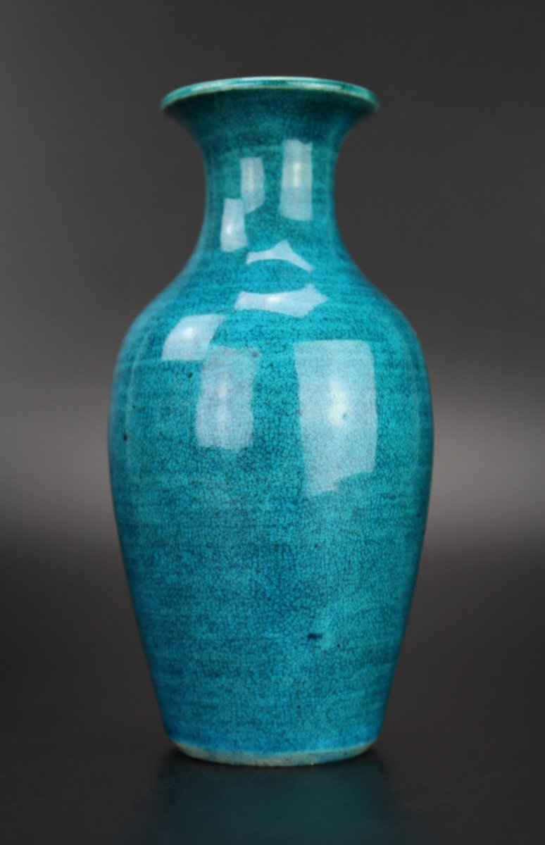 Chinese Porcelain Kangxi Monochrome Turquoise Crackled Vase Qing Dynasty Antique 18th Century-photo-3