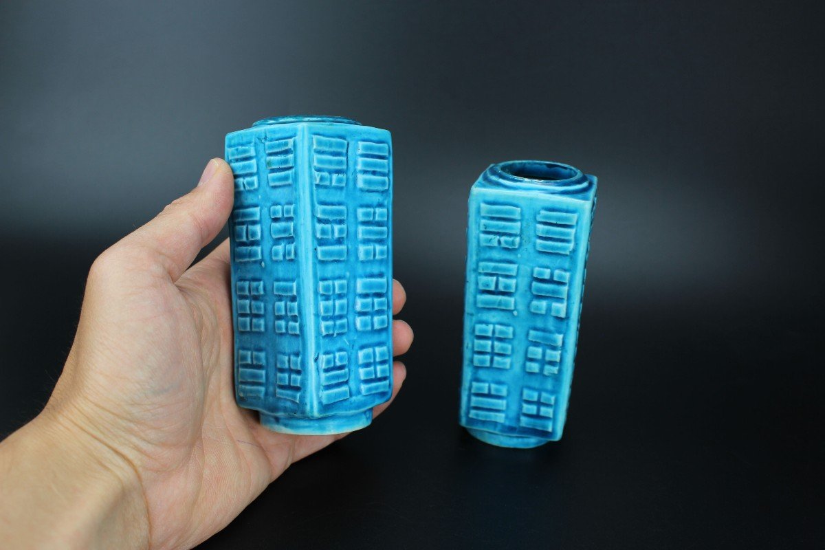 Chinese Porcelain Kangxi Monochrome Turquoise Cong Vases 2x Qing Dynasty Antique 18th Century -photo-2