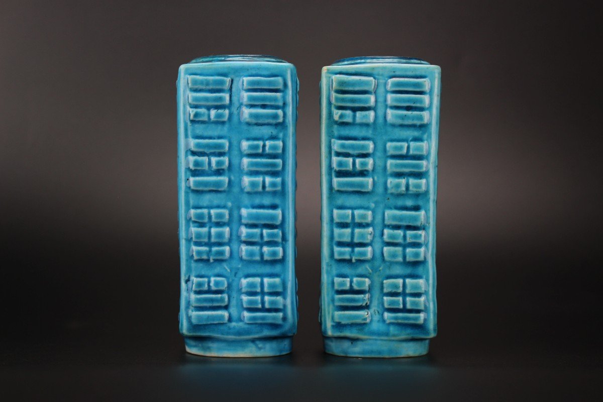 Chinese Porcelain Kangxi Monochrome Turquoise Cong Vases 2x Qing Dynasty Antique 18th Century -photo-3