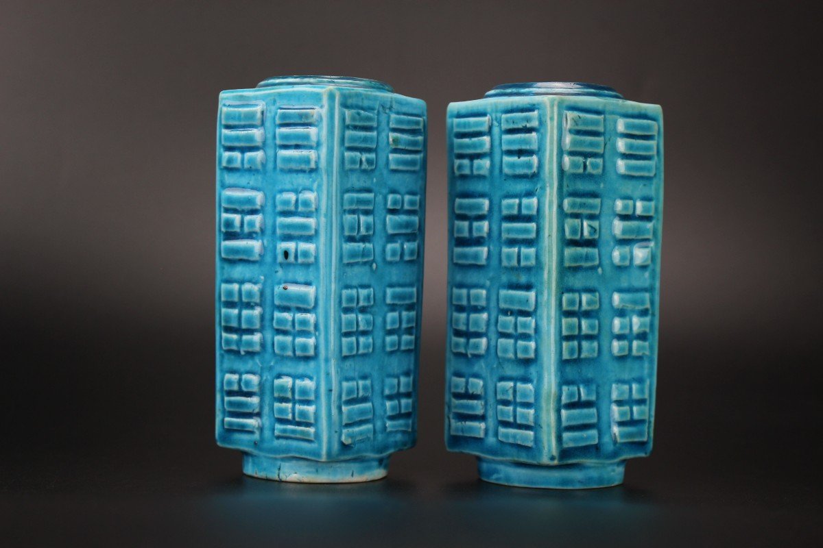 Chinese Porcelain Kangxi Monochrome Turquoise Cong Vases 2x Qing Dynasty Antique 18th Century -photo-4