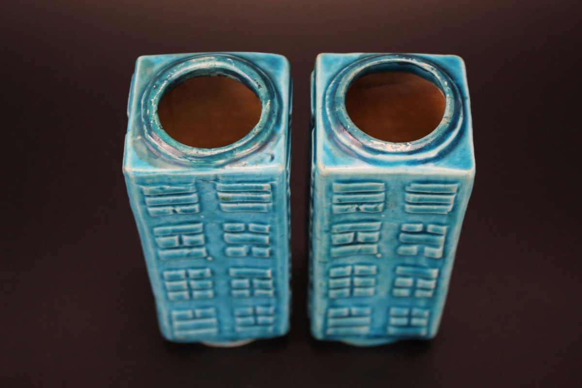 Chinese Porcelain Kangxi Monochrome Turquoise Cong Vases 2x Qing Dynasty Antique 18th Century -photo-2