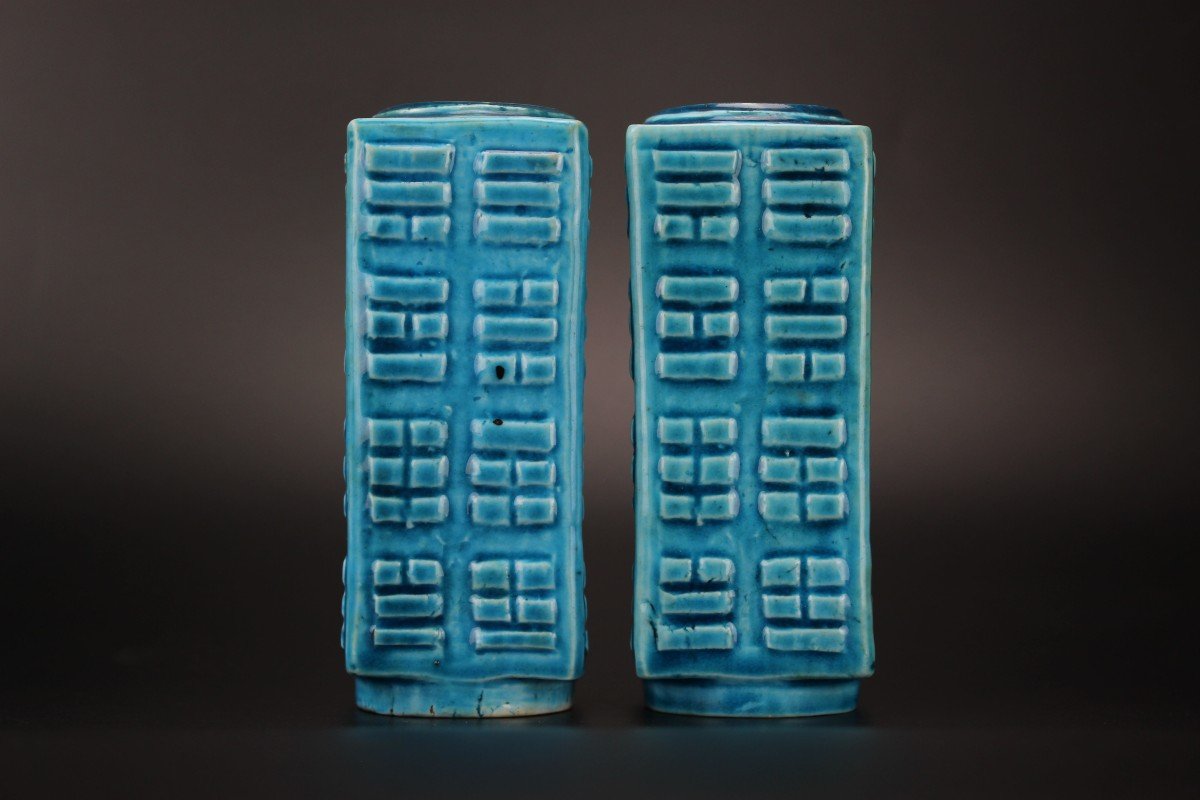 Chinese Porcelain Kangxi Monochrome Turquoise Cong Vases 2x Qing Dynasty Antique 18th Century -photo-3