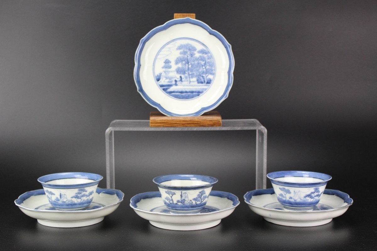 Japanese Porcelain Blue And White Van Frytom Tea Bowls And Saucer Dishes 7x Arita Edo Period -photo-8