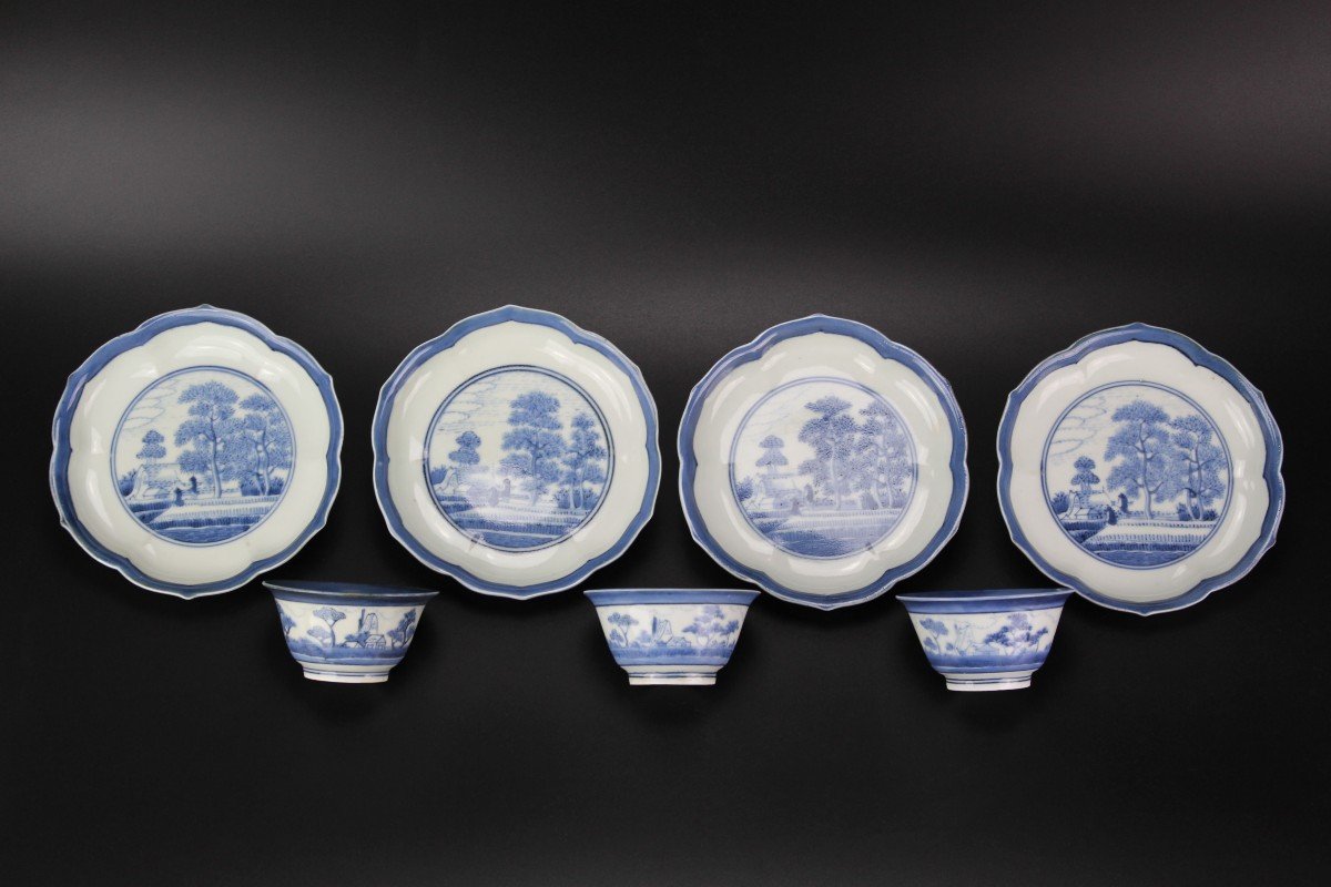 Japanese Porcelain Blue And White Van Frytom Tea Bowls And Saucer Dishes 7x Arita Edo Period 