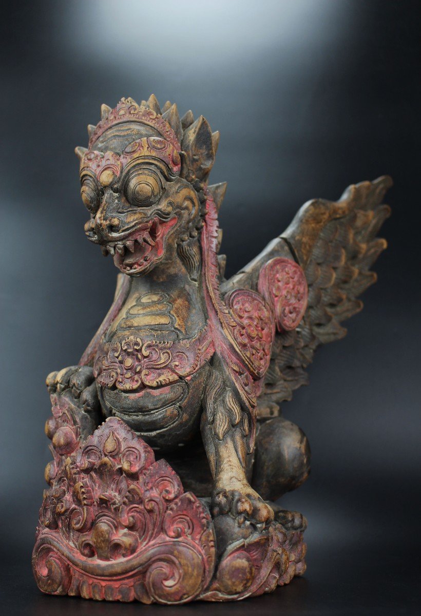 Balinese Wooden Sculpture Singha Lion Indonesian Carved Wood Figure Mythical Bird Carving Bali -photo-2