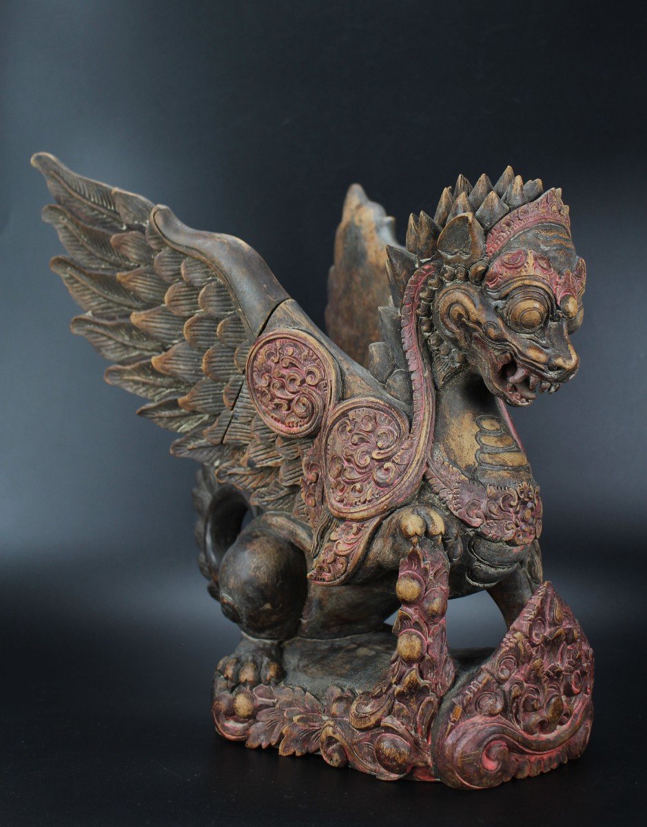 Balinese Wooden Sculpture Singha Lion Indonesian Carved Wood Figure Mythical Bird Carving Bali -photo-3