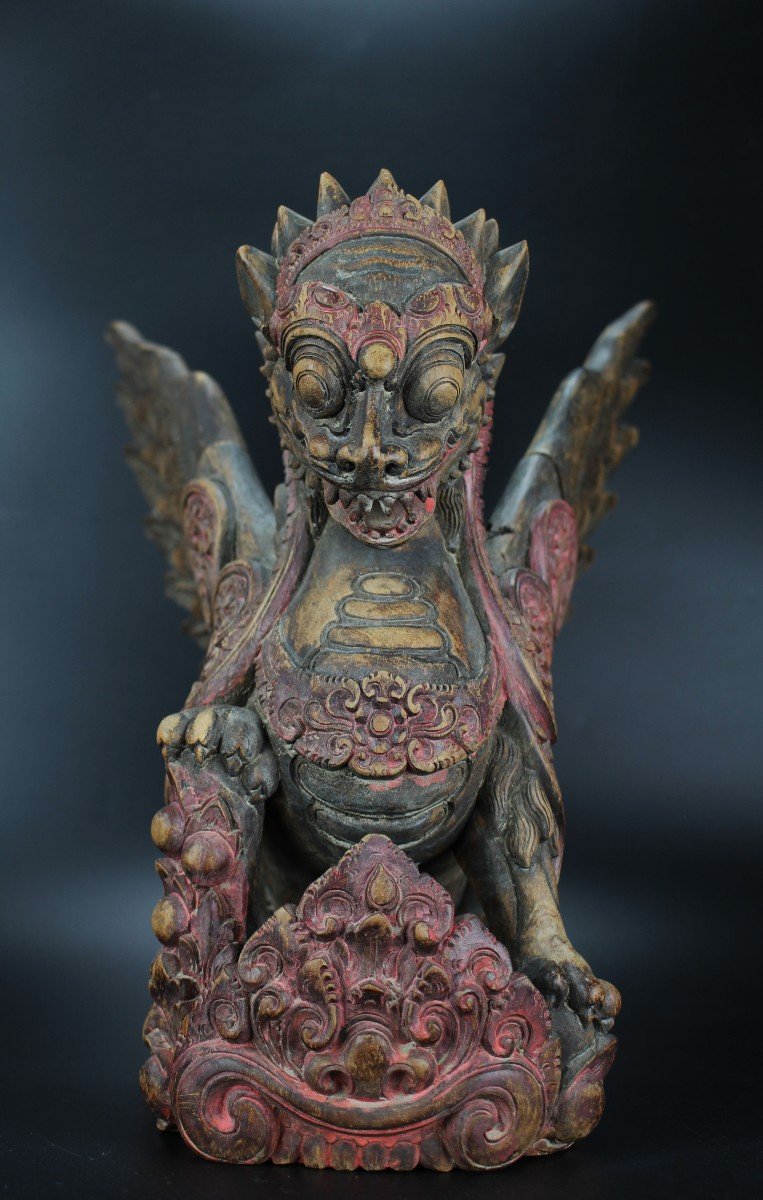 Balinese Wooden Sculpture Singha Lion Indonesian Carved Wood Figure Mythical Bird Carving Bali -photo-1