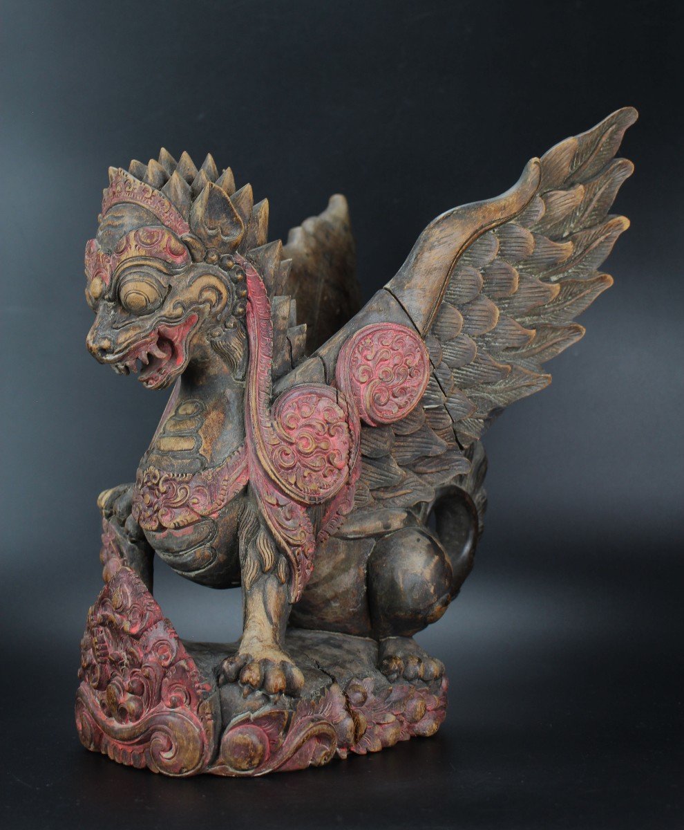 Balinese Wooden Sculpture Singha Lion Indonesian Carved Wood Figure Mythical Bird Carving Bali -photo-3