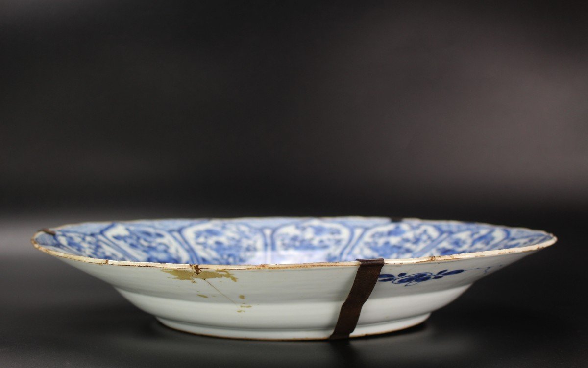 Grand Plat Bleu Et Blanc Porcelaine Chinoise Kangxi 38,8 Cm Dynastie Qing 18e Siècle Assiette-photo-3