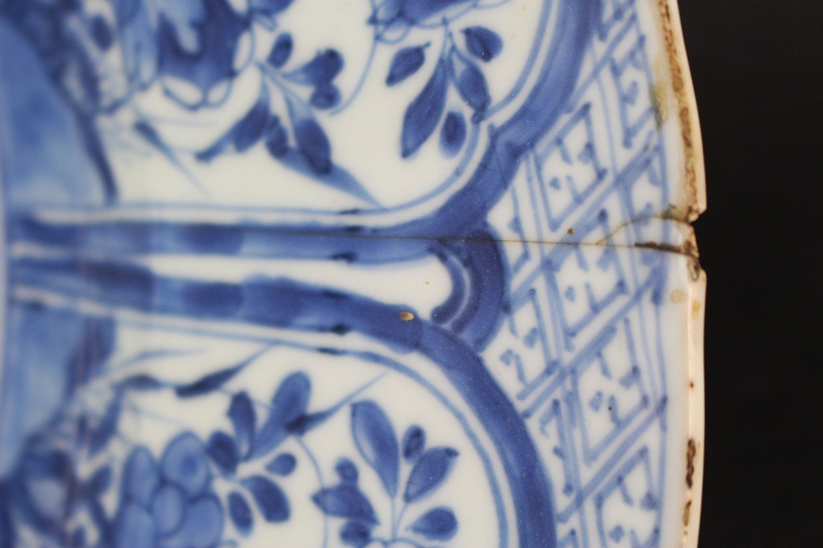 Grand Plat Bleu Et Blanc Porcelaine Chinoise Kangxi 38,8 Cm Dynastie Qing 18e Siècle Assiette-photo-6