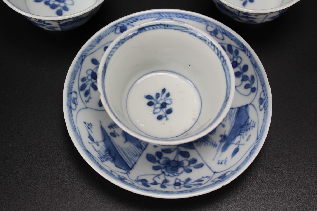 Tasses Et Soucoupes En Porcelaine Chinoise Kangxi / Yongzheng Bleu Et Blanc Du XVIIIe Siècle-photo-4