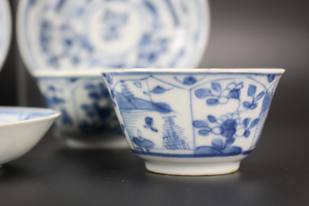 Tasses Et Soucoupes En Porcelaine Chinoise Kangxi / Yongzheng Bleu Et Blanc Du XVIIIe Siècle-photo-2