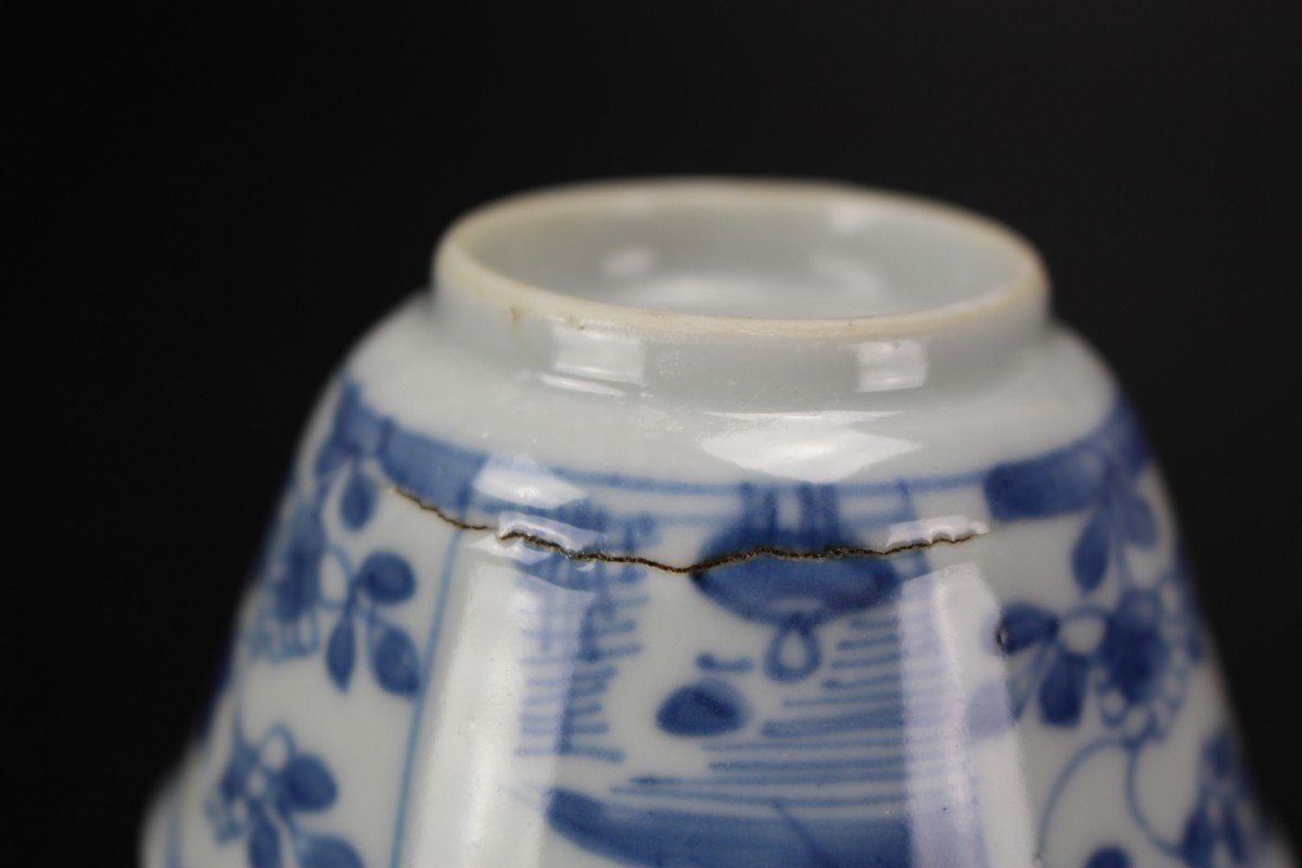 Tasses Et Soucoupes En Porcelaine Chinoise Kangxi / Yongzheng Bleu Et Blanc Du XVIIIe Siècle-photo-6