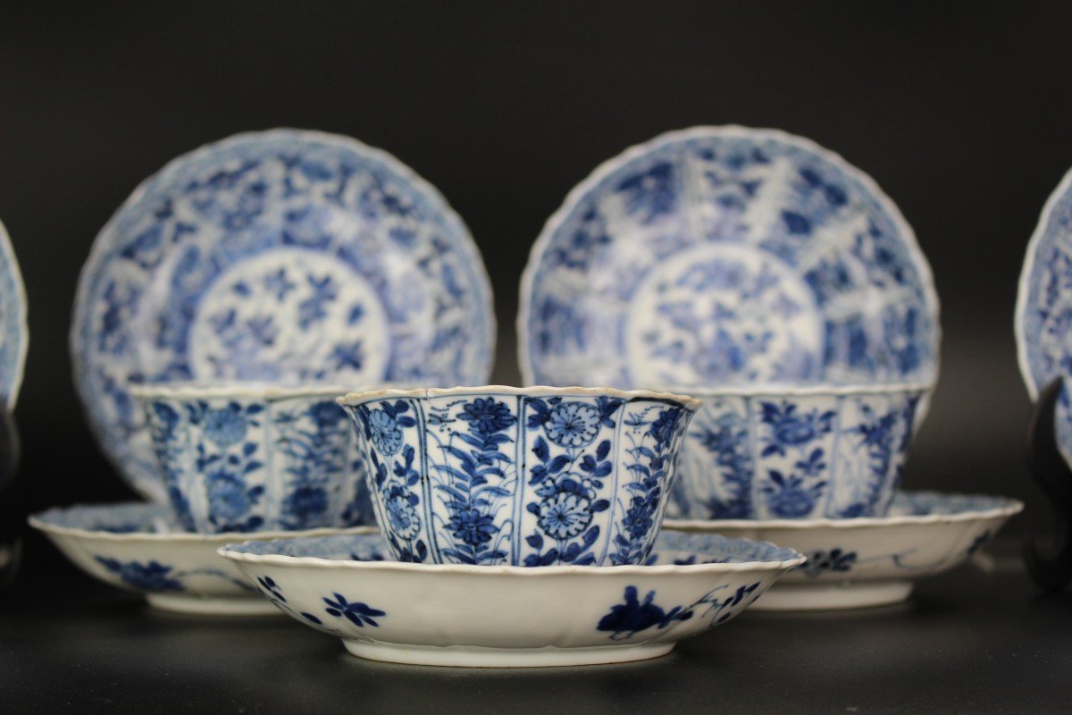 Kangxi Chinese Porcelain Blue And White 18th Century Qing Dynasty Cups And Saucers 14 Pieces-photo-2