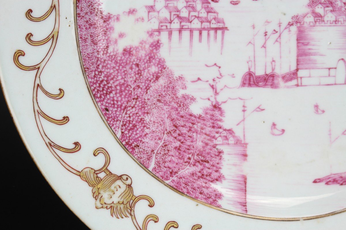 Chinese Export Porcelain Qianlong Plate Famille Rose Puce Qing Dynasty Antique 18th Century-photo-2