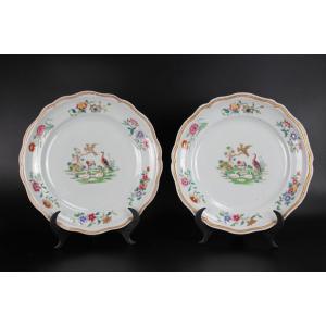 Porcelaine Chinoise Deux Plats Qianlong Fencai Famille Rose 18e Siècle Compagnie Des Indes