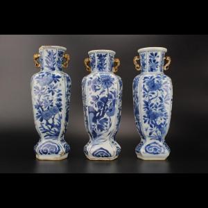 Chinese Porcelain Kangxi Vases 3x Blue And White Qing Dynasty Antique 18th Century 'longevity' 