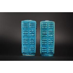 Chinese Porcelain Kangxi Monochrome Turquoise Cong Vases 2x Qing Dynasty Antique 18th Century 