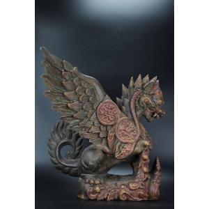 Balinese Wooden Sculpture Singha Lion Indonesian Carved Wood Figure Mythical Bird Carving Bali 