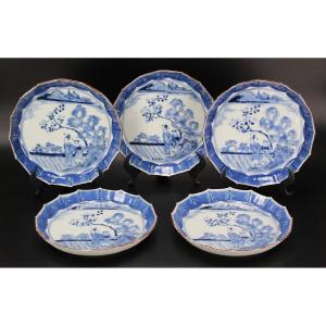 Plats En Porcelaine Japonaise Bleu Et Blanc 5x Période Edo 18e Siècle / 19e Siècle Arita Bols