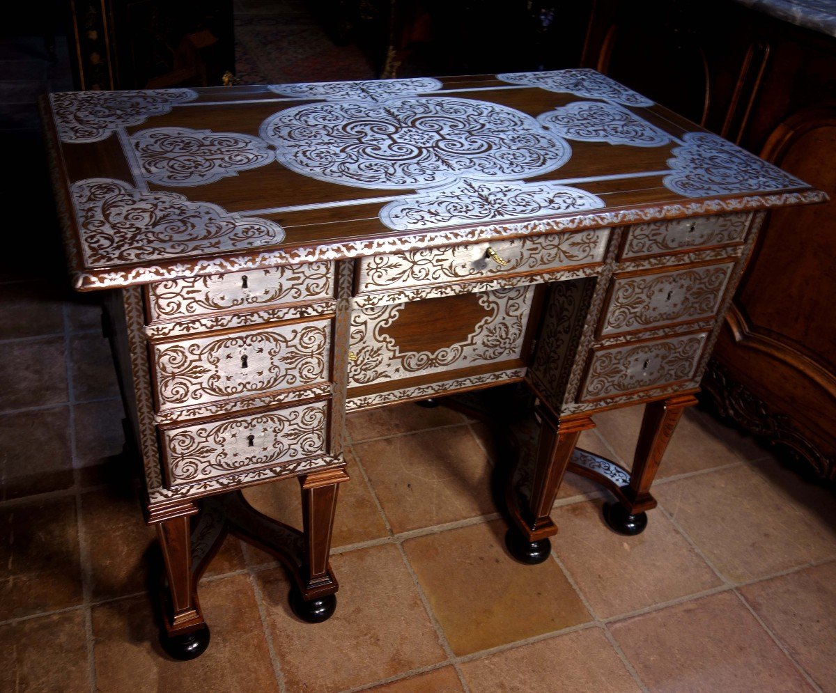 Mazarin Desk In Pewter Marquetry, Louis XIV Period-photo-4