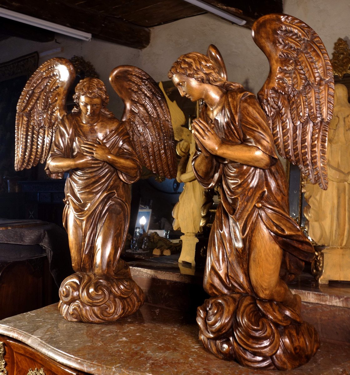 Large Pair Of Winged Angels In Adoration, Eighteenth Century-photo-4